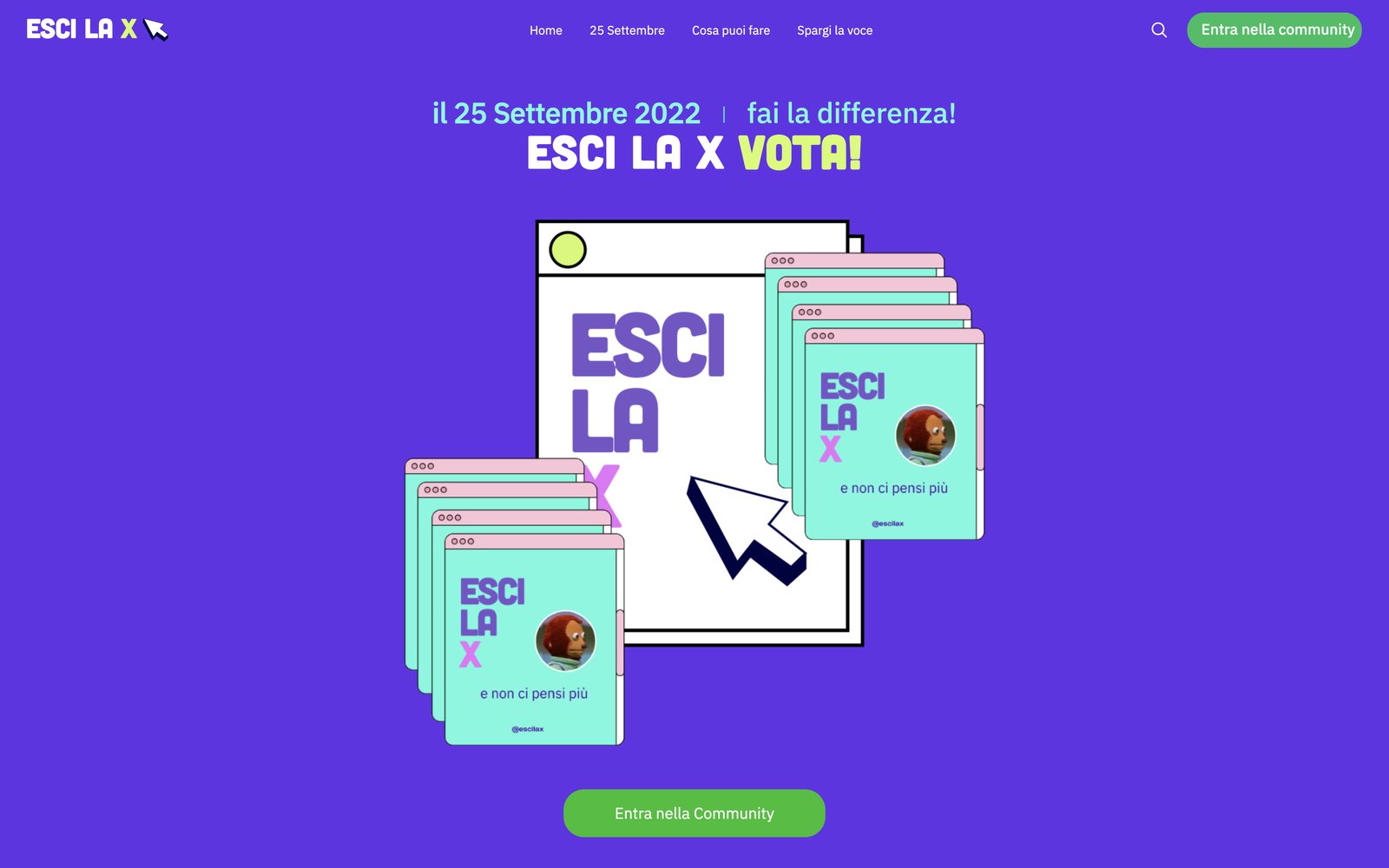 La pagina iniziale del sito della campagna: il 25 settembre 2022 fai la differenza, Esci la X, vota!