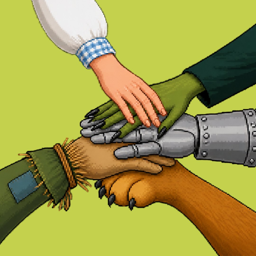 Five different hands stacked on top of each other, as in a pact, inspired by the characters of The Wizard of Oz